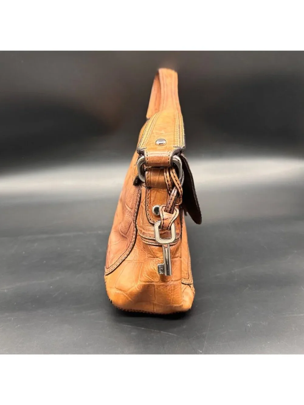 Fossil Croc Embossed Leather Purse Shoulder Bag Buckle Accent Brown Y2K READ